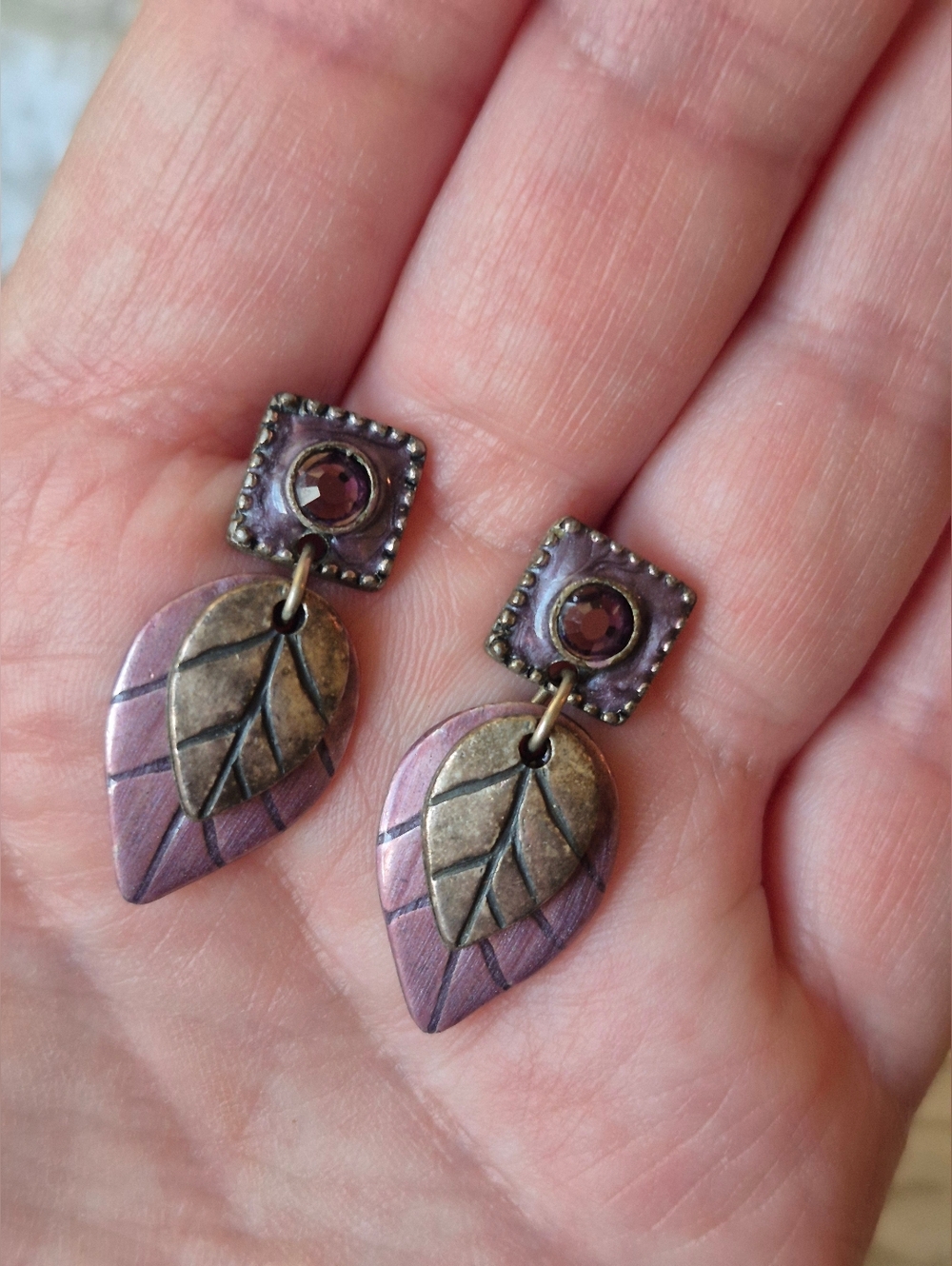 Vintage Harvest Moon Designs KC Marked Purple Leaf Drop Earrings